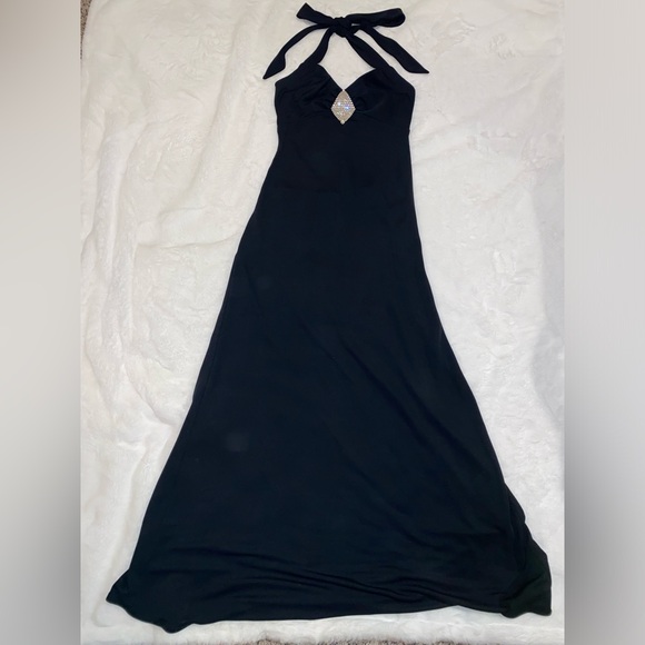 Black Halter Formal Gown with Diamond Rhinestones Y2K, Vintage - Picture 1 of 16